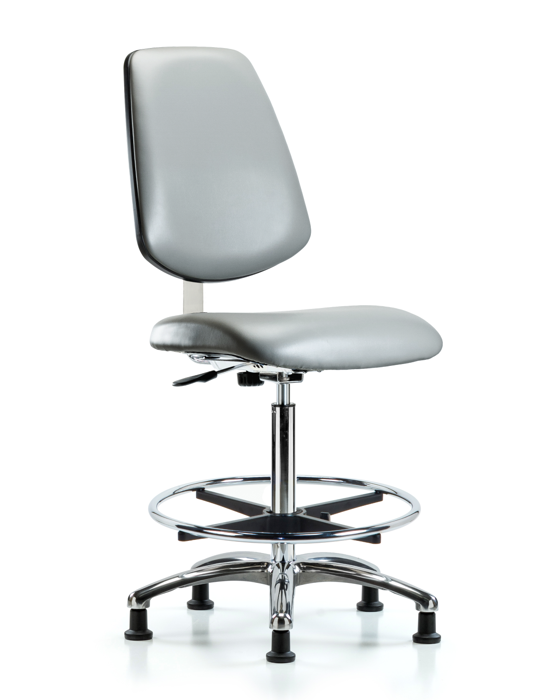 Blue Ridge Ergonomics CLR-VHBCH-MB-CR-CF-RG-8840 Class 10 Clean Room Vinyl Chair Chrome - High Bench Height with Medium Back, Chrome Foot Ring, & Stationary Glides in Sterling Supernova™ Vinyl