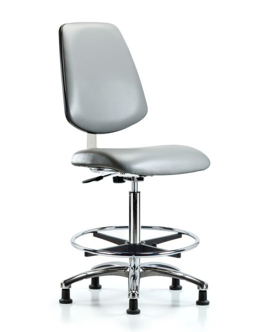 Blue Ridge Ergonomics CLR-VHBCH-MB-CR-CF-RG-8840 Class 10 Clean Room Vinyl Chair Chrome - High Bench Height with Medium Back, Chrome Foot Ring, & Stationary Glides in Sterling Supernova™ Vinyl