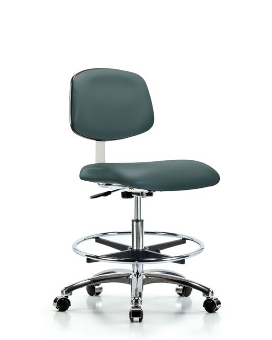 Blue Ridge Ergonomics CLR-VMBCH-CR-CF-CC-8546 Class 10 Clean Room Vinyl Chair Chrome - Medium Bench Height with Chrome Foot Ring & Casters in Colonial Blue Trailblazer™ Vinyl