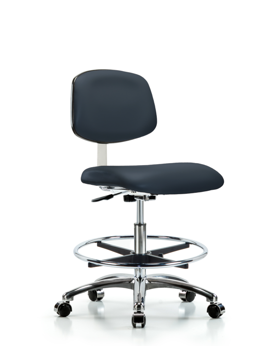 Blue Ridge Ergonomics CLR-VMBCH-CR-CF-CC-8582 Class 10 Clean Room Vinyl Chair Chrome - Medium Bench Height with Chrome Foot Ring & Casters in Imperial Blue Trailblazer™ Vinyl