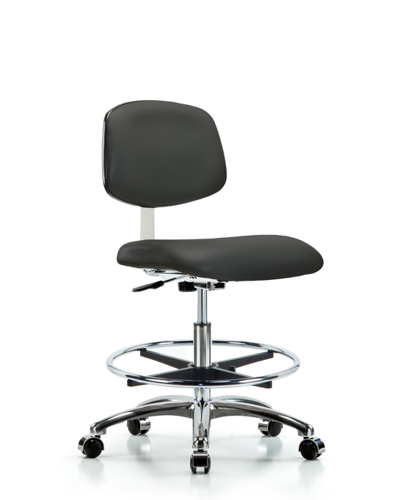Blue Ridge Ergonomics CLR-VMBCH-CR-CF-CC-8605 Class 10 Clean Room Vinyl Chair Chrome - Medium Bench Height with Chrome Foot Ring & Casters in Charcoal Trailblazer™ Vinyl