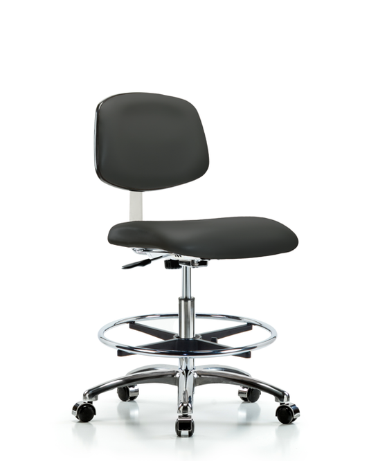 Blue Ridge Ergonomics CLR-VMBCH-CR-CF-CC-8605 Class 10 Clean Room Vinyl Chair Chrome - Medium Bench Height with Chrome Foot Ring & Casters in Charcoal Trailblazer™ Vinyl
