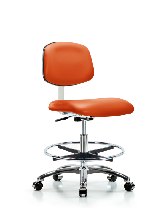 Blue Ridge Ergonomics CLR-VMBCH-CR-CF-CC-8613 Class 10 Clean Room Vinyl Chair Chrome - Medium Bench Height with Chrome Foot Ring & Casters in Orange Kist Trailblazer™ Vinyl