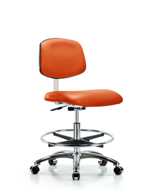 Blue Ridge Ergonomics CLR-VMBCH-CR-CF-CC-8613 Class 10 Clean Room Vinyl Chair Chrome - Medium Bench Height with Chrome Foot Ring & Casters in Orange Kist Trailblazer™ Vinyl