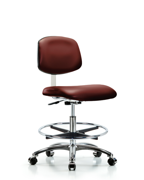 Blue Ridge Ergonomics CLR-VMBCH-CR-CF-CC-8815 Class 10 Clean Room Vinyl Chair Chrome - Medium Bench Height with Chrome Foot Ring & Casters in Borscht Supernova™ Vinyl