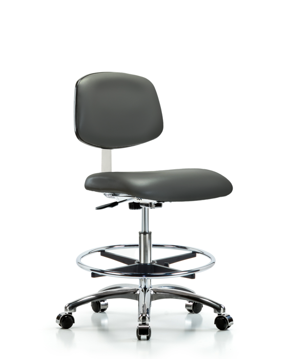 Blue Ridge Ergonomics CLR-VMBCH-CR-CF-CC-8823 Class 10 Clean Room Vinyl Chair Chrome - Medium Bench Height with Chrome Foot Ring & Casters in Carbon Supernova™ Vinyl