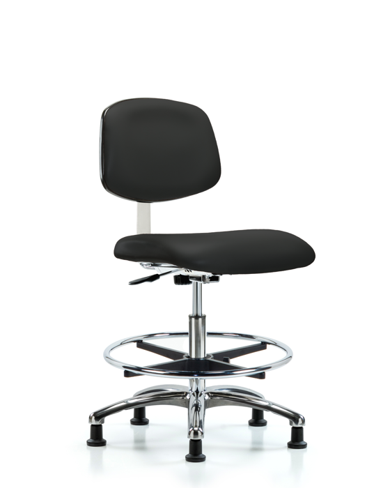 Blue Ridge Ergonomics CLR-VMBCH-CR-CF-RG-8540 Class 10 Clean Room Vinyl Chair Chrome - Medium Bench Height with Chrome Foot Ring & Stationary Glides in Black Trailblazer™ Vinyl