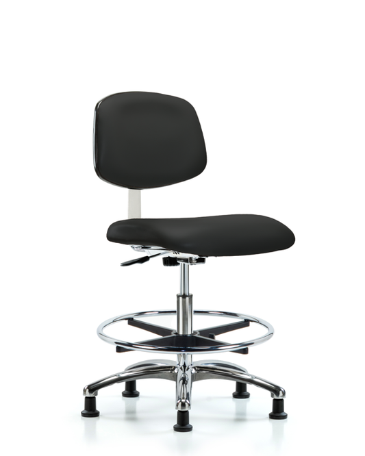 Blue Ridge Ergonomics CLR-VMBCH-CR-CF-RG-8540 Class 10 Clean Room Vinyl Chair Chrome - Medium Bench Height with Chrome Foot Ring & Stationary Glides in Black Trailblazer™ Vinyl