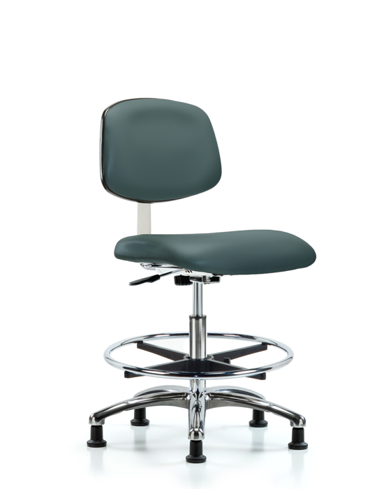 Blue Ridge Ergonomics CLR-VMBCH-CR-CF-RG-8546 Class 10 Clean Room Vinyl Chair Chrome - Medium Bench Height with Chrome Foot Ring & Stationary Glides in Colonial Blue Trailblazer™ Vinyl
