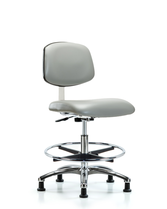 Blue Ridge Ergonomics CLR-VMBCH-CR-CF-RG-8567 Class 10 Clean Room Vinyl Chair Chrome - Medium Bench Height with Chrome Foot Ring & Stationary Glides in Dove Trailblazer™ Vinyl