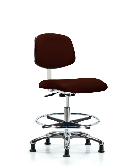 Blue Ridge Ergonomics CLR-VMBCH-CR-CF-RG-8569 Class 10 Clean Room Vinyl Chair Chrome - Medium Bench Height with Chrome Foot Ring & Stationary Glides in Burgundy Trailblazer™ Vinyl