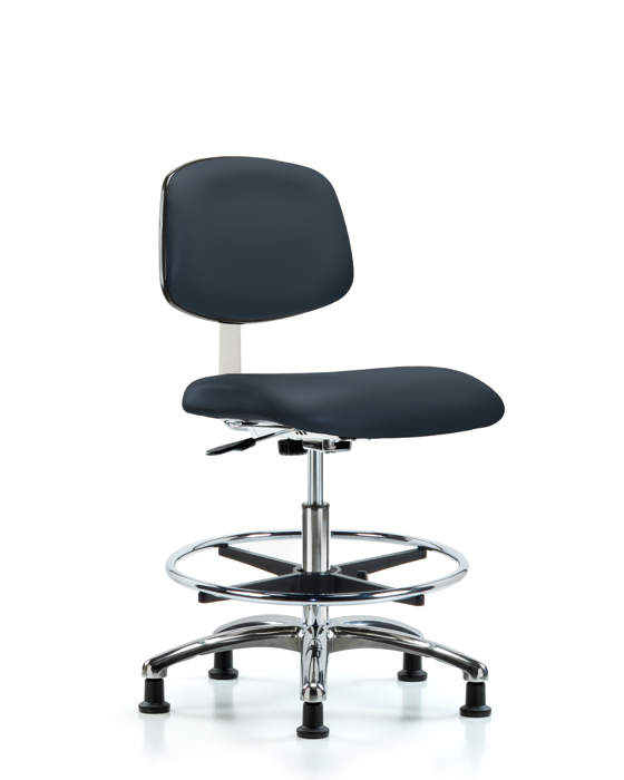 Blue Ridge Ergonomics CLR-VMBCH-CR-CF-RG-8582 Class 10 Clean Room Vinyl Chair Chrome - Medium Bench Height with Chrome Foot Ring & Stationary Glides in Imperial Blue Trailblazer™ Vinyl