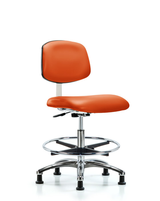 Blue Ridge Ergonomics CLR-VMBCH-CR-CF-RG-8613 Class 10 Clean Room Vinyl Chair Chrome - Medium Bench Height with Chrome Foot Ring & Stationary Glides in Orange Kist Trailblazer™ Vinyl