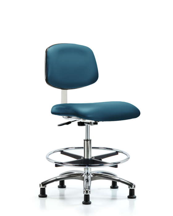 Blue Ridge Ergonomics CLR-VMBCH-CR-CF-RG-8801 Class 10 Clean Room Vinyl Chair Chrome - Medium Bench Height with Chrome Foot Ring & Stationary Glides in Marine Blue Supernova™ Vinyl