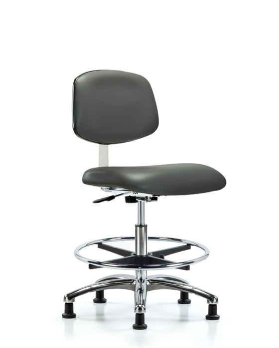 Blue Ridge Ergonomics CLR-VMBCH-CR-CF-RG-8823 Class 10 Clean Room Vinyl Chair Chrome - Medium Bench Height with Chrome Foot Ring & Stationary Glides in Carbon Supernova™ Vinyl