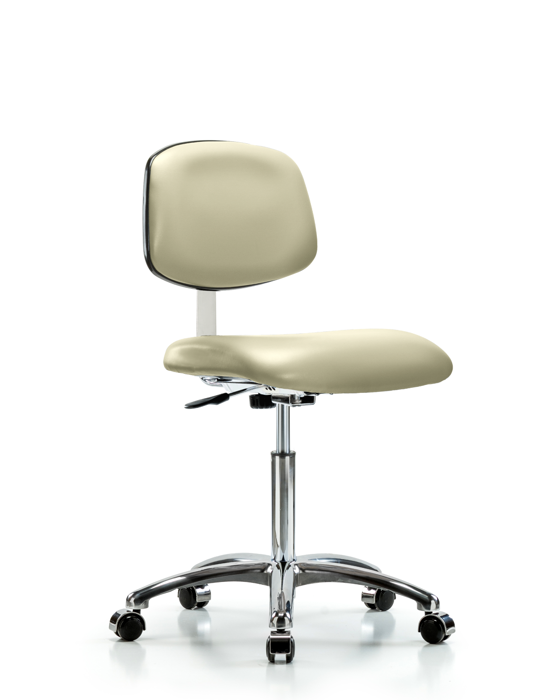 Blue Ridge Ergonomics CLR-VMBCH-CR-NF-CC-8501 Class 10 Clean Room Vinyl Chair Chrome - Medium Bench Height with Casters in Adobe White Trailblazer™ Vinyl