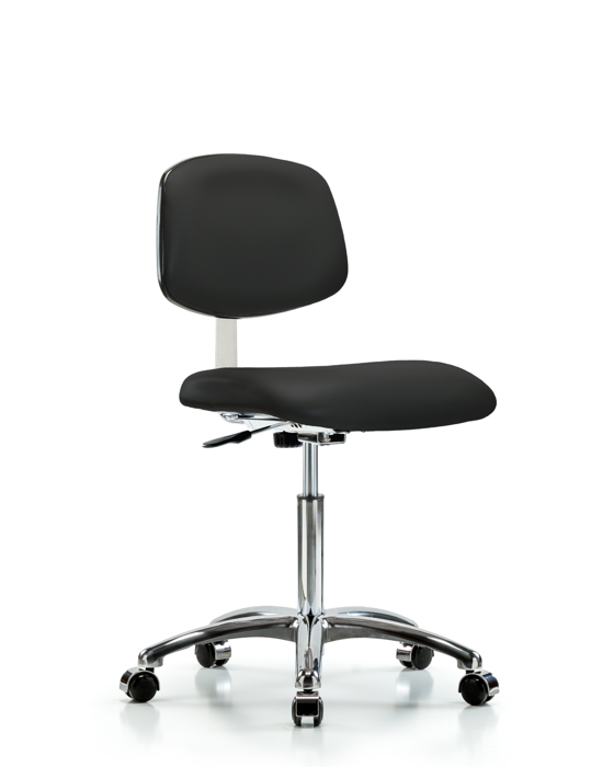 Blue Ridge Ergonomics CLR-VMBCH-CR-NF-CC-8540 Class 10 Clean Room Vinyl Chair Chrome - Medium Bench Height with Casters in Black Trailblazer™ Vinyl