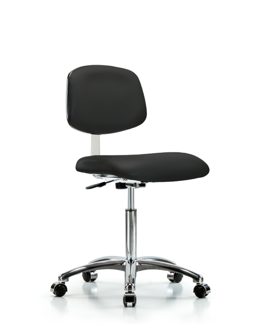 Blue Ridge Ergonomics CLR-VMBCH-CR-NF-CC-8540 Class 10 Clean Room Vinyl Chair Chrome - Medium Bench Height with Casters in Black Trailblazer™ Vinyl
