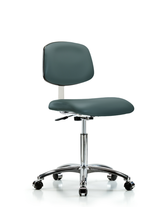 Blue Ridge Ergonomics CLR-VMBCH-CR-NF-CC-8546 Class 10 Clean Room Vinyl Chair Chrome - Medium Bench Height with Casters in Colonial Blue Trailblazer™ Vinyl