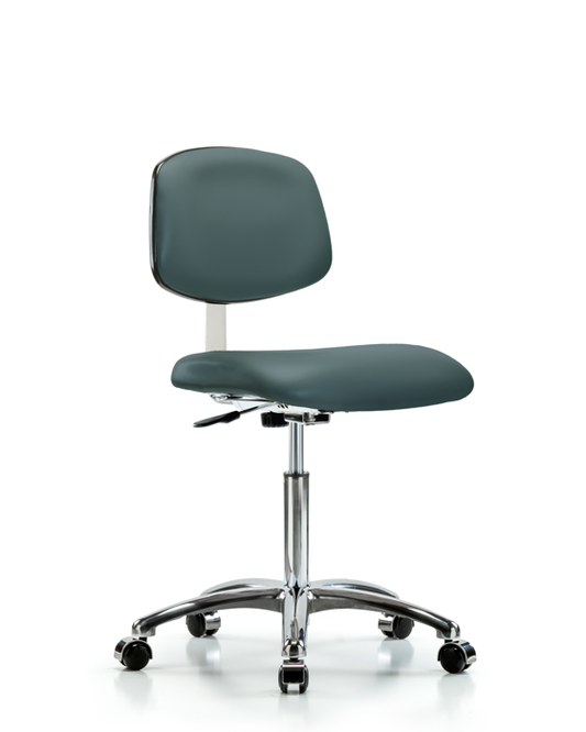 Blue Ridge Ergonomics CLR-VMBCH-CR-NF-CC-8546 Class 10 Clean Room Vinyl Chair Chrome - Medium Bench Height with Casters in Colonial Blue Trailblazer™ Vinyl