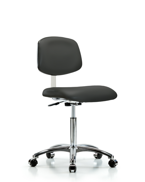 Blue Ridge Ergonomics CLR-VMBCH-CR-NF-CC-8605 Class 10 Clean Room Vinyl Chair Chrome - Medium Bench Height with Casters in Charcoal Trailblazer™ Vinyl