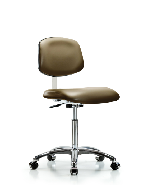 Blue Ridge Ergonomics CLR-VMBCH-CR-NF-CC-8809 Class 10 Clean Room Vinyl Chair Chrome - Medium Bench Height with Casters in Taupe Supernova™ Vinyl