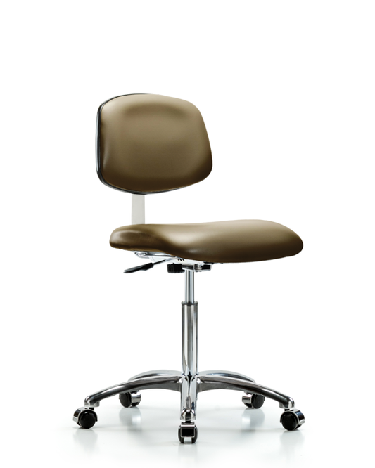 Blue Ridge Ergonomics CLR-VMBCH-CR-NF-CC-8809 Class 10 Clean Room Vinyl Chair Chrome - Medium Bench Height with Casters in Taupe Supernova™ Vinyl