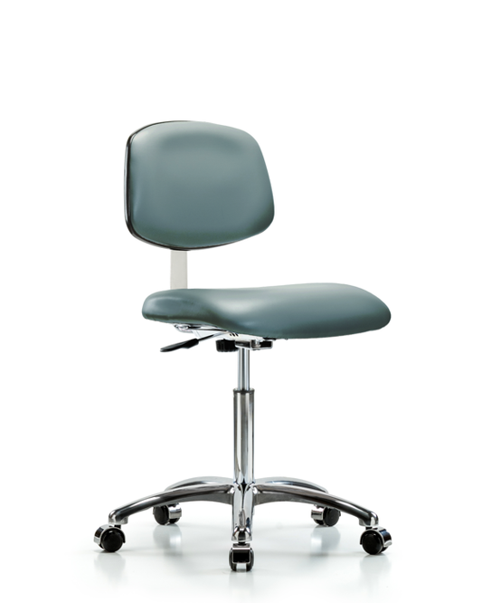 Blue Ridge Ergonomics CLR-VMBCH-CR-NF-CC-8822 Class 10 Clean Room Vinyl Chair Chrome - Medium Bench Height with Casters in Storm Supernova™ Vinyl