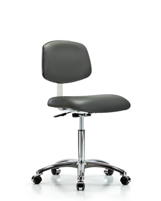 Blue Ridge Ergonomics CLR-VMBCH-CR-NF-CC-8823 Class 10 Clean Room Vinyl Chair Chrome - Medium Bench Height with Casters in Carbon Supernova™ Vinyl