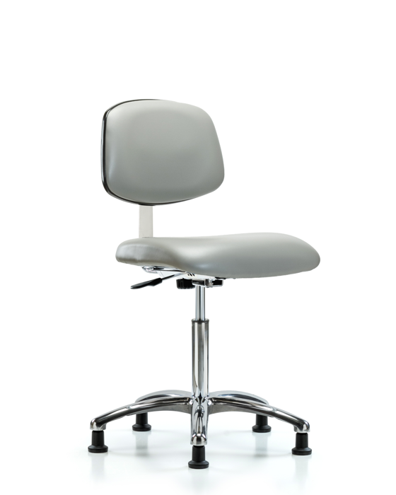 Blue Ridge Ergonomics CLR-VMBCH-CR-NF-RG-8567 Class 10 Clean Room Vinyl Chair Chrome - Medium Bench Height with Stationary Glides in Dove Trailblazer™ Vinyl