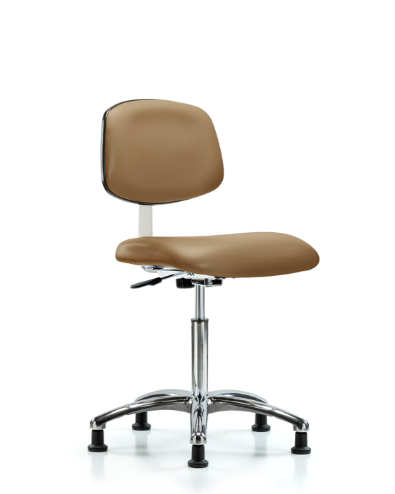 Blue Ridge Ergonomics CLR-VMBCH-CR-NF-RG-8584 Class 10 Clean Room Vinyl Chair Chrome - Medium Bench Height with Stationary Glides in Taupe Trailblazer™ Vinyl