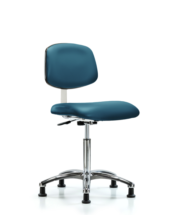 Blue Ridge Ergonomics CLR-VMBCH-CR-NF-RG-8801 Class 10 Clean Room Vinyl Chair Chrome - Medium Bench Height with Stationary Glides in Marine Blue Supernova™ Vinyl