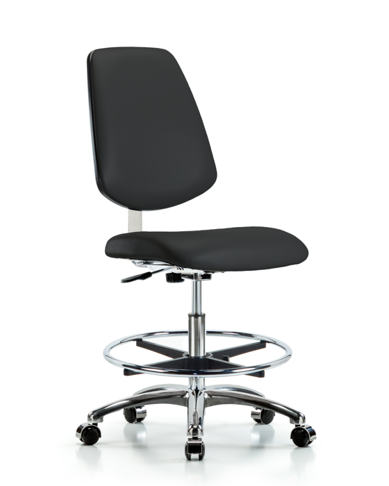 Blue Ridge Ergonomics CLR-VMBCH-MB-CR-CF-CC-8540 Class 10 Clean Room Vinyl Chair Chrome - Medium Bench Height with Medium Back, Chrome Foot Ring, & Casters in Black Trailblazer™ Vinyl