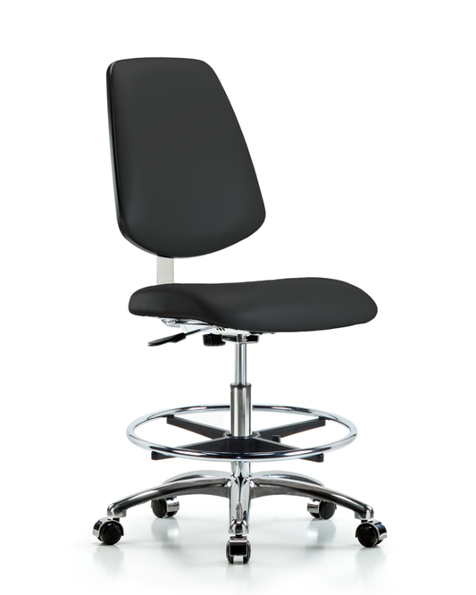 Blue Ridge Ergonomics CLR-VMBCH-MB-CR-CF-CC-8540 Class 10 Clean Room Vinyl Chair Chrome - Medium Bench Height with Medium Back, Chrome Foot Ring, & Casters in Black Trailblazer™ Vinyl