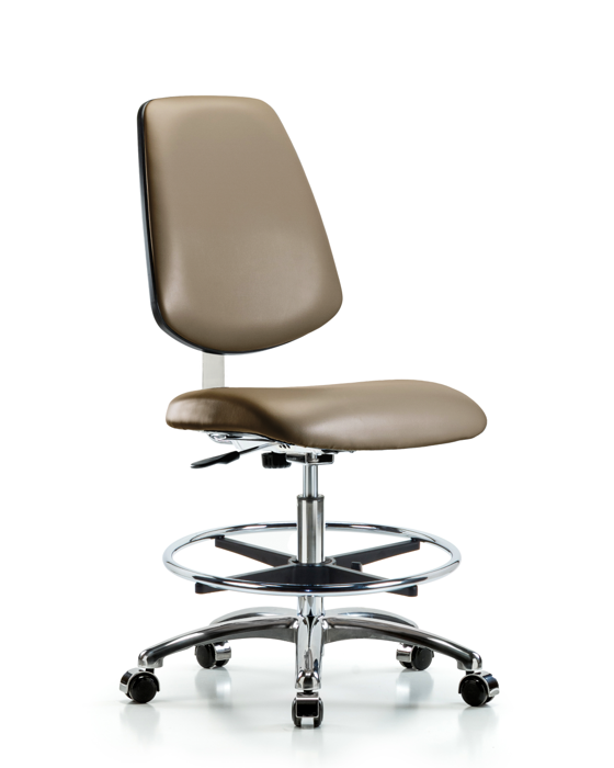 Blue Ridge Ergonomics CLR-VMBCH-MB-CR-CF-CC-8809 Class 10 Clean Room Vinyl Chair Chrome - Medium Bench Height with Medium Back, Chrome Foot Ring, & Casters in Taupe Supernova™ Vinyl