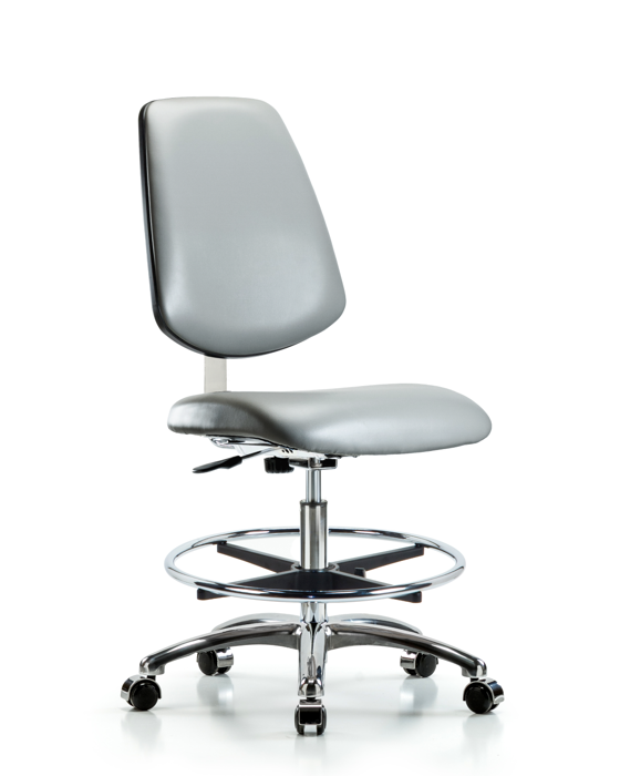Blue Ridge Ergonomics CLR-VMBCH-MB-CR-CF-CC-8840 Class 10 Clean Room Vinyl Chair Chrome - Medium Bench Height with Medium Back, Chrome Foot Ring, & Casters in Sterling Supernova™ Vinyl