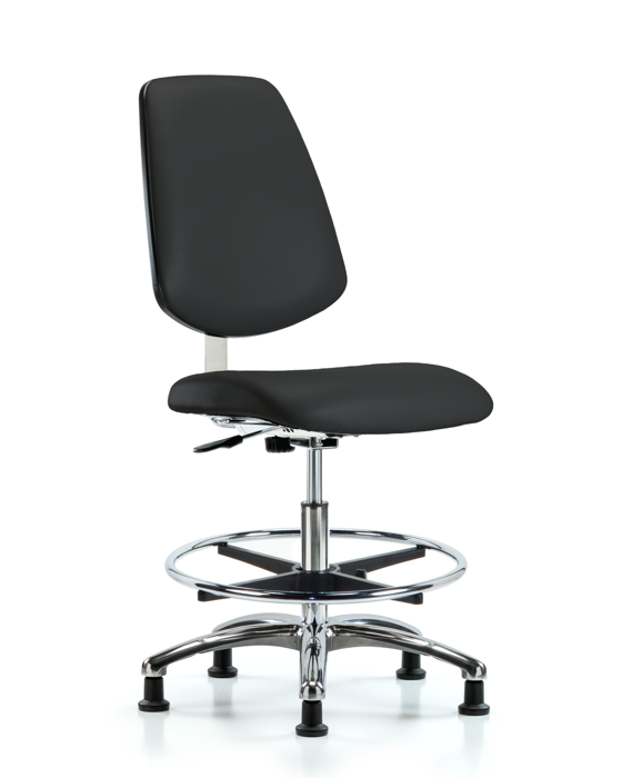 Blue Ridge Ergonomics CLR-VMBCH-MB-CR-CF-RG-8540 Class 10 Clean Room Vinyl Chair Chrome - Medium Bench Height with Medium Back, Chrome Foot Ring, & Stationary Glides in Black Trailblazer™ Vinyl