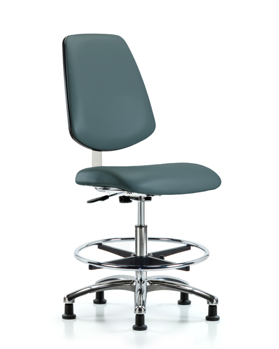 Blue Ridge Ergonomics CLR-VMBCH-MB-CR-CF-RG-8546 Class 10 Clean Room Vinyl Chair Chrome - Medium Bench Height with Medium Back, Chrome Foot Ring, & Stationary Glides in Colonial Blue Trailblazer™ Vinyl