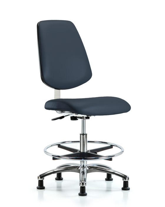 Blue Ridge Ergonomics CLR-VMBCH-MB-CR-CF-RG-8582 Class 10 Clean Room Vinyl Chair Chrome - Medium Bench Height with Medium Back, Chrome Foot Ring, & Stationary Glides in Imperial Blue Trailblazer™ Vinyl