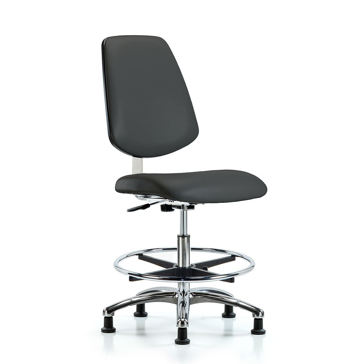 Blue Ridge Ergonomics CLR-VMBCH-MB-CR-CF-RG-8605 Class 10 Clean Room Vinyl Chair Chrome - Medium Bench Height with Medium Back, Chrome Foot Ring, & Stationary Glides in Charcoal Trailblazer™ Vinyl