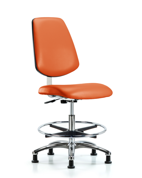 Blue Ridge Ergonomics CLR-VMBCH-MB-CR-CF-RG-8613 Class 10 Clean Room Vinyl Chair Chrome - Medium Bench Height with Medium Back, Chrome Foot Ring, & Stationary Glides in Orange Kist Trailblazer™ Vinyl