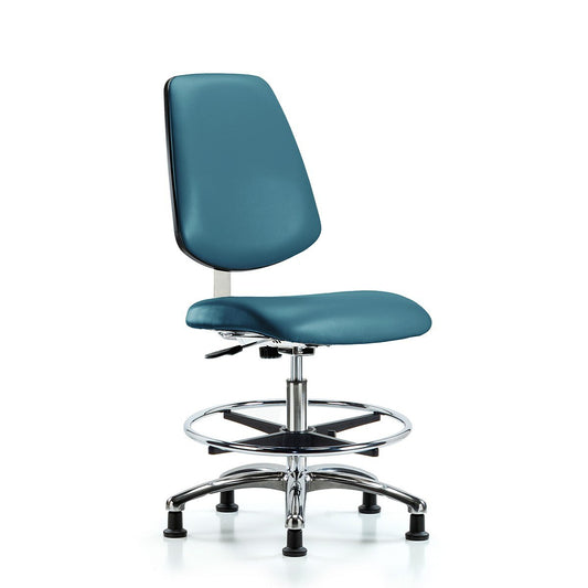 Blue Ridge Ergonomics CLR-VMBCH-MB-CR-CF-RG-8801 Class 10 Clean Room Vinyl Chair Chrome - Medium Bench Height with Medium Back, Chrome Foot Ring, & Stationary Glides in Marine Blue Supernova™ Vinyl