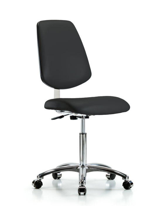 Blue Ridge Ergonomics CLR-VMBCH-MB-CR-NF-CC-8540 Class 10 Clean Room Vinyl Chair Chrome - Medium Bench Height with Medium Back & Casters in Black Trailblazer™ Vinyl