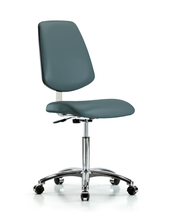 Blue Ridge Ergonomics CLR-VMBCH-MB-CR-NF-CC-8546 Class 10 Clean Room Vinyl Chair Chrome - Medium Bench Height with Medium Back & Casters in Colonial Blue Trailblazer™ Vinyl
