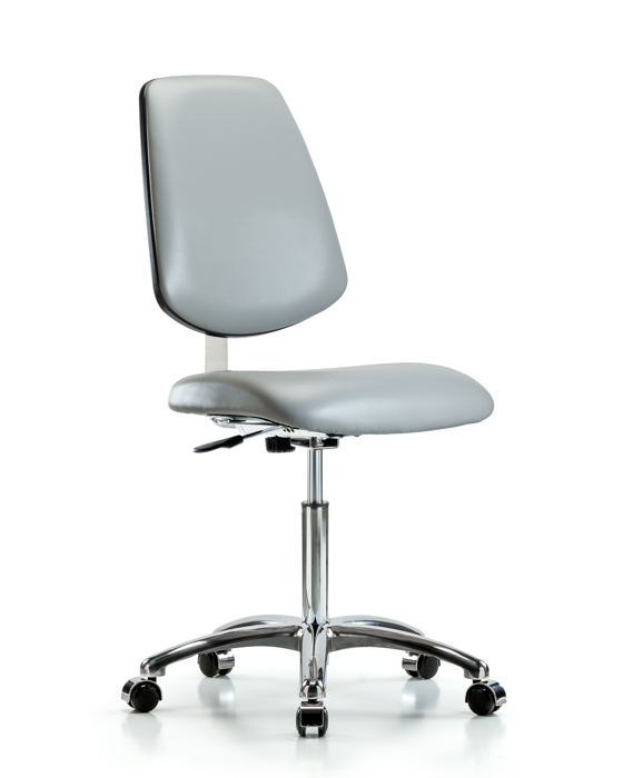 Blue Ridge Ergonomics CLR-VMBCH-MB-CR-NF-CC-8567 Class 10 Clean Room Vinyl Chair Chrome - Medium Bench Height with Medium Back & Casters in Dove Trailblazer™ Vinyl
