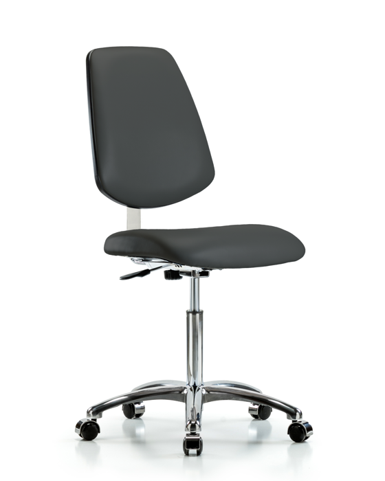 Blue Ridge Ergonomics CLR-VMBCH-MB-CR-NF-CC-8605 Class 10 Clean Room Vinyl Chair Chrome - Medium Bench Height with Medium Back & Casters in Charcoal Trailblazer™ Vinyl