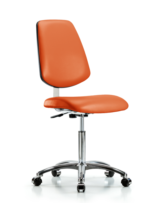 Blue Ridge Ergonomics CLR-VMBCH-MB-CR-NF-CC-8613 Class 10 Clean Room Vinyl Chair Chrome - Medium Bench Height with Medium Back & Casters in Orange Kist Trailblazer™ Vinyl