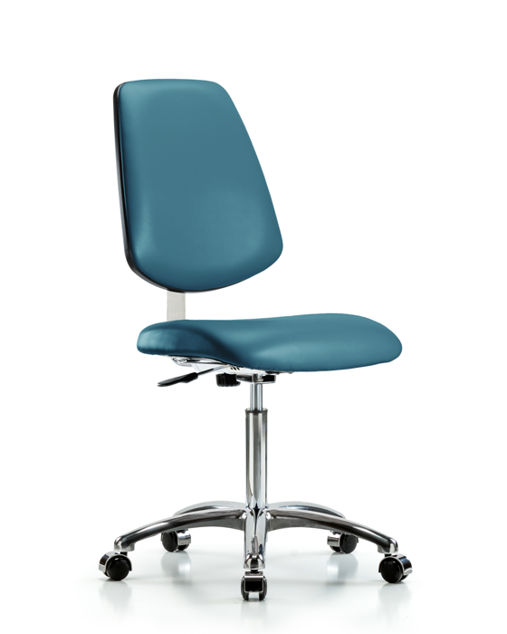 Blue Ridge Ergonomics CLR-VMBCH-MB-CR-NF-CC-8801 Class 10 Clean Room Vinyl Chair Chrome - Medium Bench Height with Medium Back & Casters in Marine Blue Supernova™ Vinyl