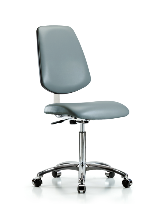 Blue Ridge Ergonomics CLR-VMBCH-MB-CR-NF-CC-8822 Class 10 Clean Room Vinyl Chair Chrome - Medium Bench Height with Medium Back & Casters in Storm Supernova™ Vinyl