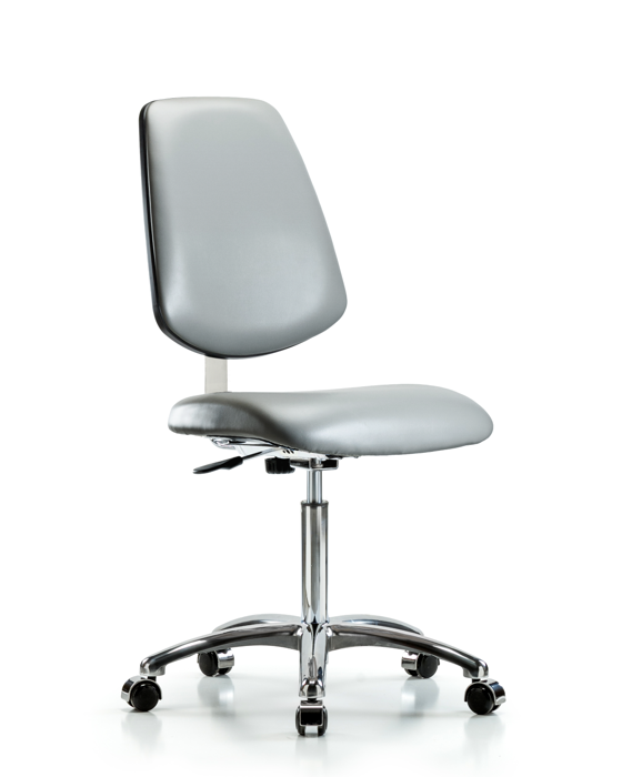 Blue Ridge Ergonomics CLR-VMBCH-MB-CR-NF-CC-8840 Class 10 Clean Room Vinyl Chair Chrome - Medium Bench Height with Medium Back & Casters in Sterling Supernova™ Vinyl